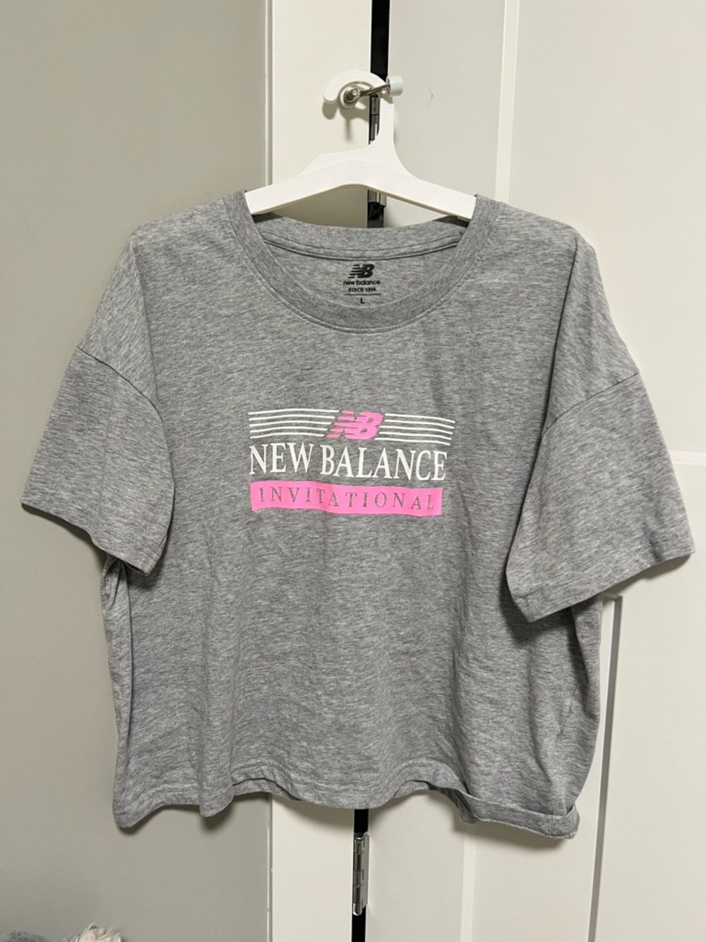 New Balance Light Gray Crewneck Tee with Pink Logo